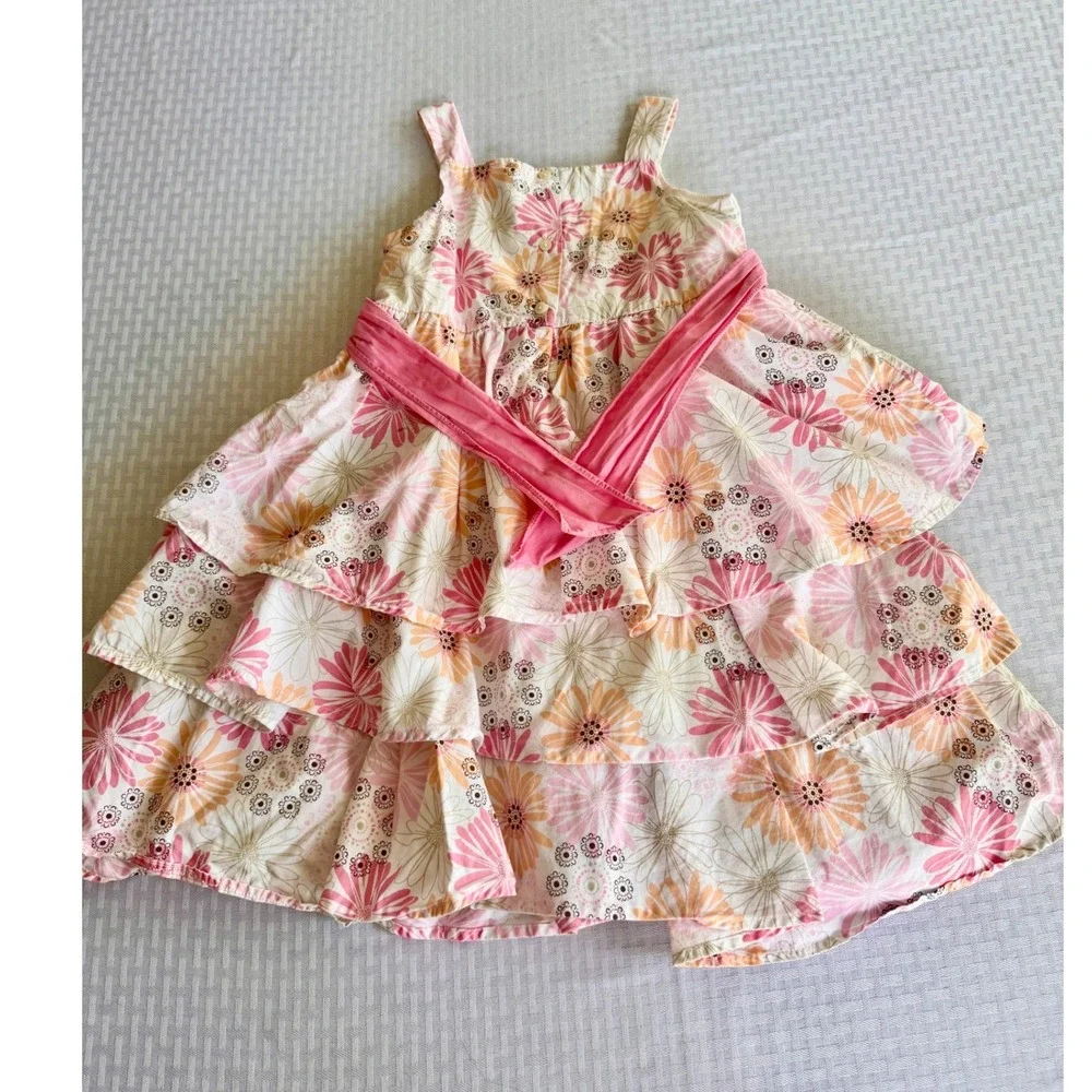 Carters Girls Floral Tiered Ruffle Dress Pink Orange Daisy Sundress Size 6x